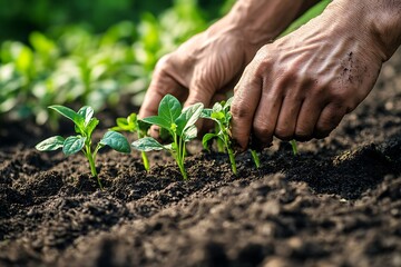 Planting Seedlings by Hand in Soil with Green Leafy Sprouts and Healthy Growth
