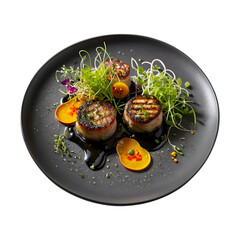 Seared Vegetable Medallions on Black Plate with Herb Oil and Microgreens, Fine Dining Overhead Shot on Transparent Background