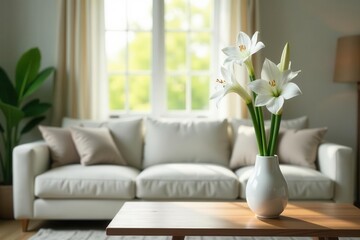 Elegant white gladioli in vase, wooden table, living room , plant, living room