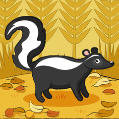 Cute vector skunk in cartoon style. a drawing for children, hand-drawn. North American fauna, colorful furry animal on the background of autumn.

