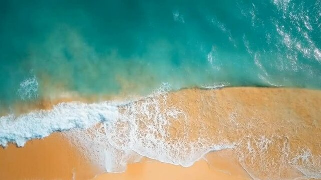 Aerial view of ocean waves crashing on empty sandy beach, seamless looping 4k time-lapse animation video background