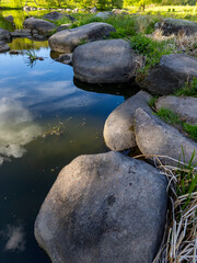 A small pond with rocks in the middle of it