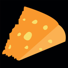 Classic cheese with holes. A piece of hard cheese vector drawing on a black background.