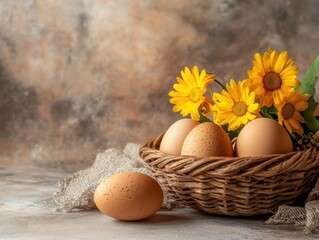 Still life of eggs in basket with yellow flowers on rustic background close up studio shot