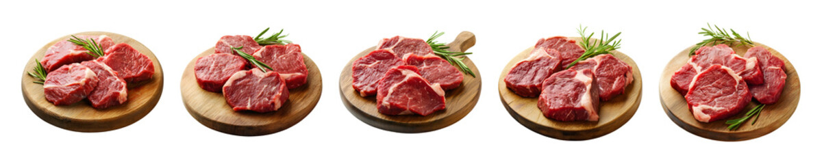 Fototapeta premium Several platters displaying a collection of fresh, succulent raw meat with herbs on transparent background