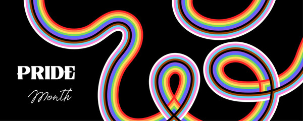 LGBT progress flag banner. Abstract wave ribbon in rainbow flag colors on isolated black background with copy space. Vector design template for pride month poster, card