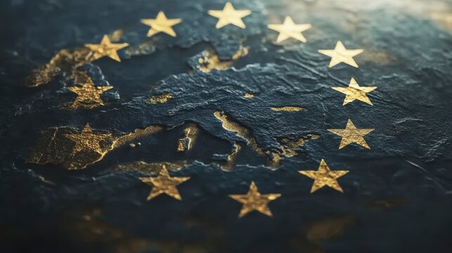 Close-up textured European Union flag with gold stars and map. - Powered by Adobe