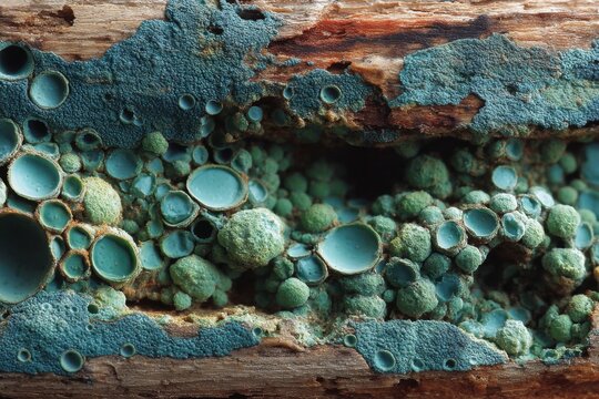 Cyan cup fungus coating dead wood, displaying striking cyan color and intricate texture, creating a unique natural pattern.