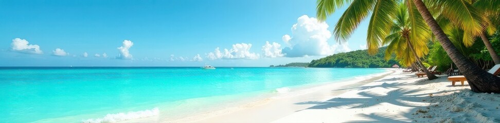 Clear turquoise water laps gentle shore; palm trees sway in breeze, exotic, sky