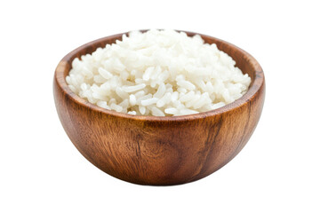 White rice in wooden bowl on transparent background
