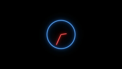 Abstract neon clock icon illustration. Digital and analog clock 24 hours isolated on black background 4k illustration.

