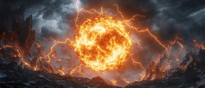 Fiery sphere, stormy landscape, apocalypse