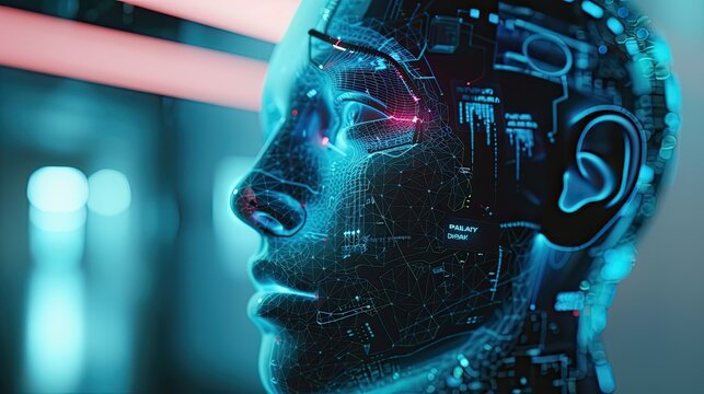 Side view of a futuristic human head with circuit patterns and glowing light details design art - Powered by Adobe