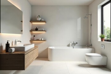 Sleek minimalist bathroom, chrome fixtures, ample space , neutral, white, bright