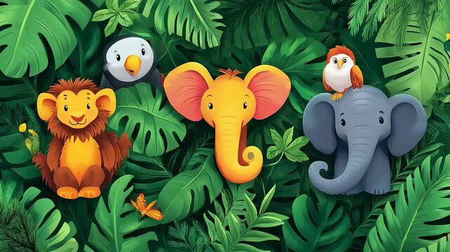 Colorful cartoon animals among lush green foliage