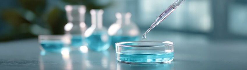 Laboratory experiment with blue liquid and petri dish