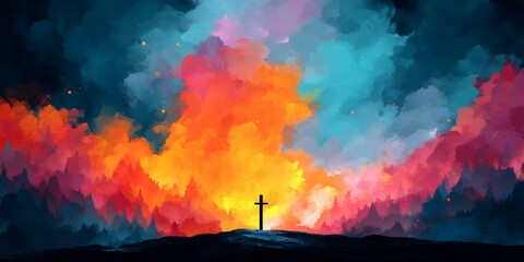 Abstract Colorful Religious Landscape with a Cross