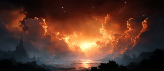 Naklejka premium Fiery Sunset Over a Majestic Fantasy Landscape