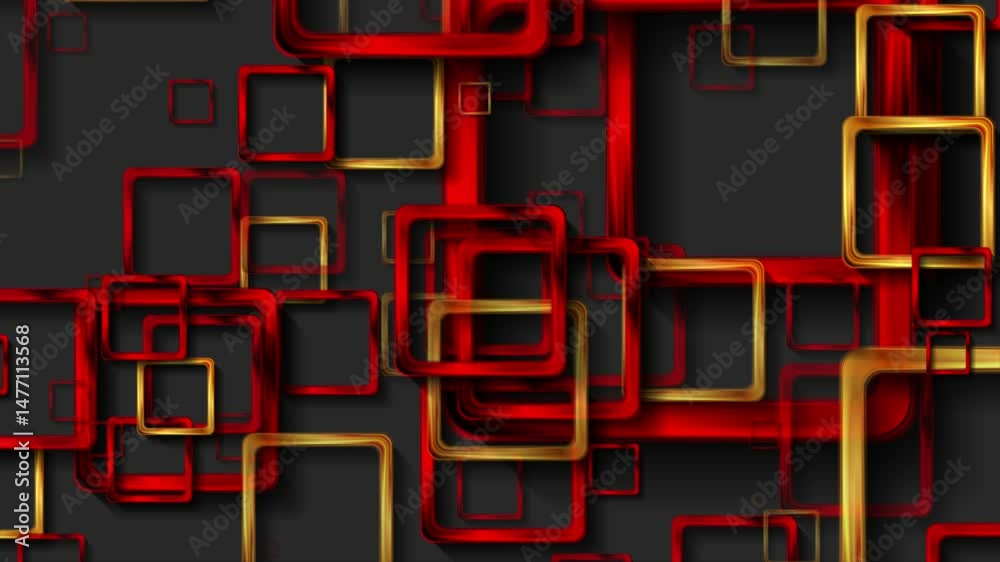 Poster golden and red glossy metallic squares abstract technology background. seamless looping geometric co