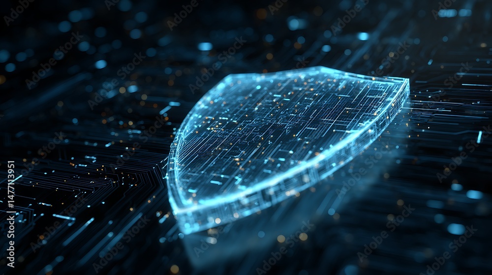 Poster Futuristic digital cybersecurity shield protecting tech data network