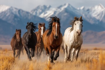 Obraz premium Herd of horses galloping across open field with mountains in background creating dynamic and powerful scenery, freedom.