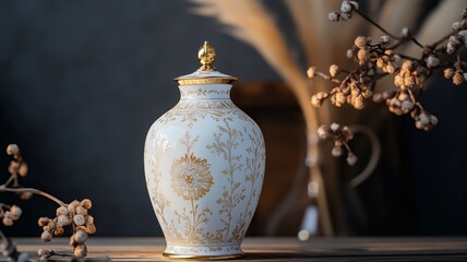 Elegant Historical Ceramic Vase with Gold and White Detailing.