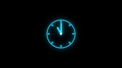 Abstract neon clock icon illustration. Digital and analog clock 24 hours isolated on black background 4k illustration.
