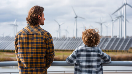 Father and son looking at solar panels. Solar farm and sunlight at sunset. Solar energy for green energy. Sustainable renewable energy. Photovoltaic power plant or solar park. Energy sustainability
