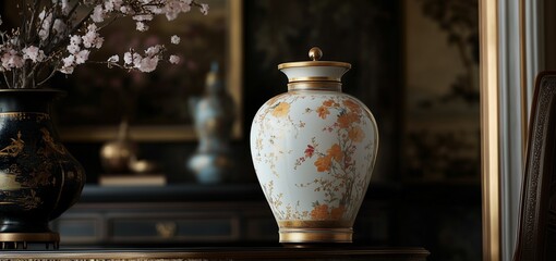 Elegant Historical Ceramic Vase with Gold and White Detailing.