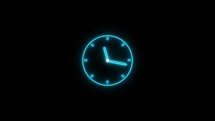Abstract neon clock icon illustration. Digital and analog clock 24 hours isolated on black background 4k illustration.
