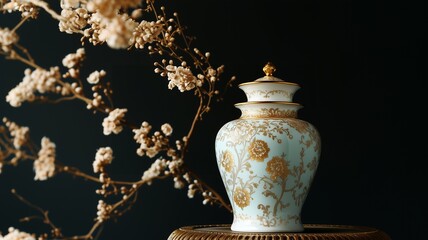 Elegant Historical Ceramic Vase with Gold and White Detailing.