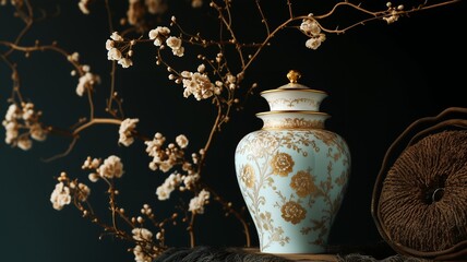 Elegant Historical Ceramic Vase with Gold and White Detailing.