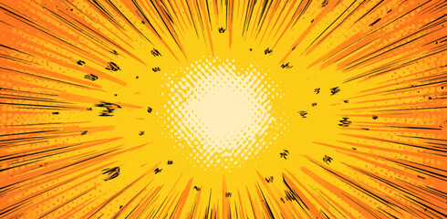 Fototapeta premium Vivid yellow sunburst radiates with dynamic lines creating a sense of energy and warmth. The design exudes positivity and vibrancy, perfect for uplifting messages.