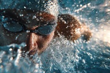 Determined swimmer wearing goggles immersed in splashing water, capturing the energy and motion of aquatic activity.