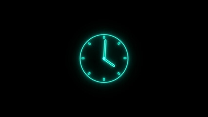 Abstract neon clock icon illustration. Digital and analog clock 24 hours isolated on black background 4k illustration.
