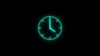 Abstract neon clock icon illustration. Digital and analog clock 24 hours isolated on black background 4k illustration.
