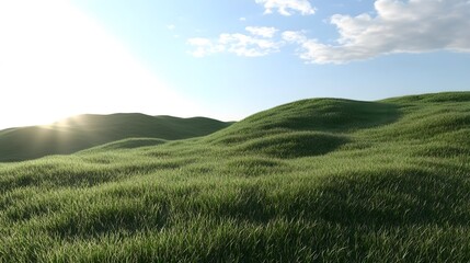 Stunning Green Grassy Hills Landscape Under Sunny Sky