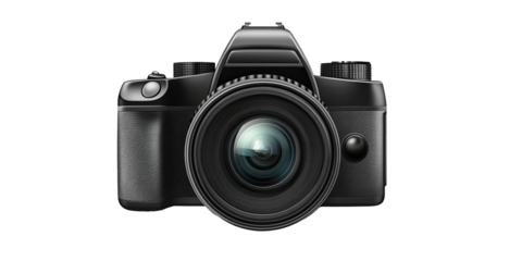 Modern DSLR camera front view with standard zoom lens, professional photography gear isolated on white transparent background