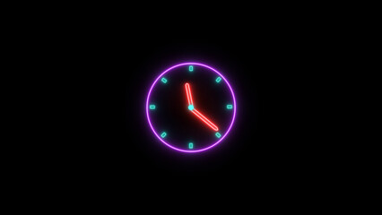 Abstract neon clock icon illustration. Digital and analog clock 24 hours isolated on black background 4k illustration.
