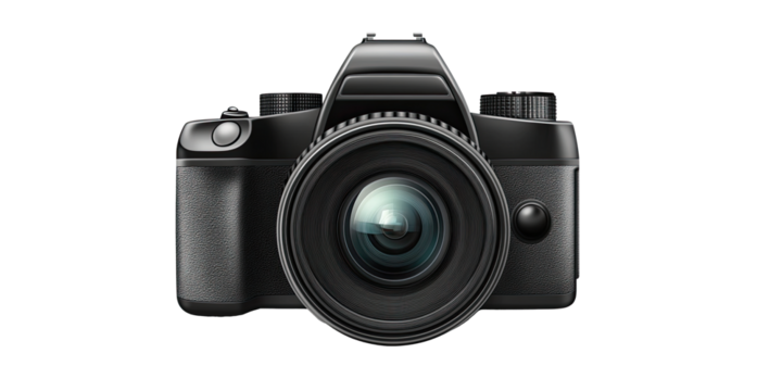 Modern DSLR camera front view with standard zoom lens, professional photography gear isolated on white transparent background