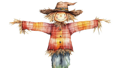 Fototapeta premium Hand-drawn happy farm scarecrow character with outstretched arms, fall season illustration isolated on white transparent background