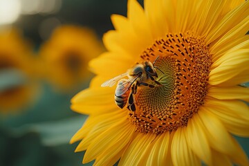 Pollinating bee on golden sunflower