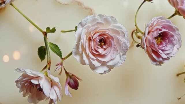 Slow-motion macro shot of peonies and ranunculus floating in a liquid marble effect, their petals bleeding delicate dusty rose pigment into cream-colored water