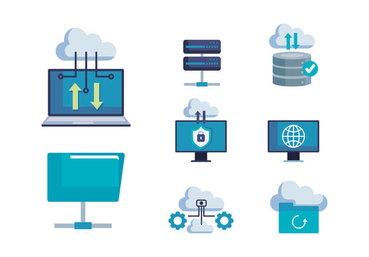 Blue Edge Server Cloud Folder Storage Network Icons Set