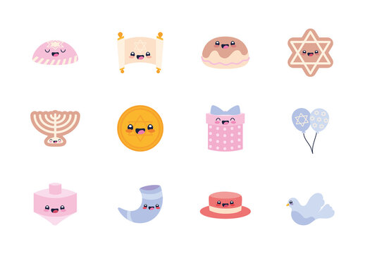 Brown And Blue Star Candle Hat Gift Hanukkah Icons Set