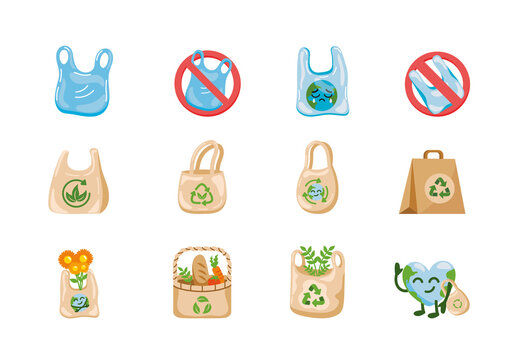 Brown And Green Eco Recycle Tote Floral Market Icons Set