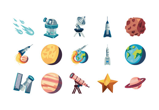 Colorful Planet Rocket Satellite Telescope Galaxy Stickers Set