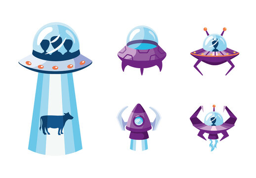 Purple And Blue Spaceship Rocket Alien Cartoon Icons Set