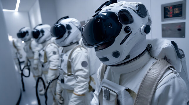 Futuristic Astronaut Team in Spacesuits Preparing for High-Tech Space Mission Exploration
