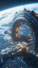 Fototapeta premium Interstellar spacecraft orbiting planet surface high resolution picture